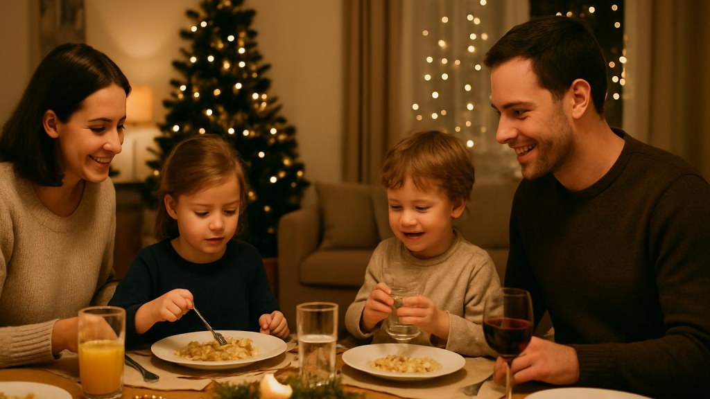 Famiglia con bambini in ambiente accogliente per Capodanno